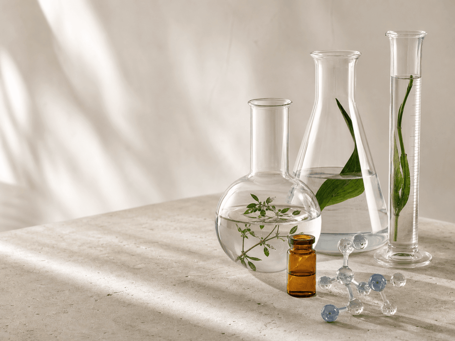 Laboratory glassware and a molecular model in a natural-light research studio